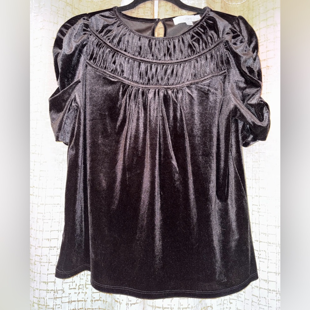 NWOT LOFT Dark Gray Velour (Velvet) Blouse Puff Sleeve Petite SP